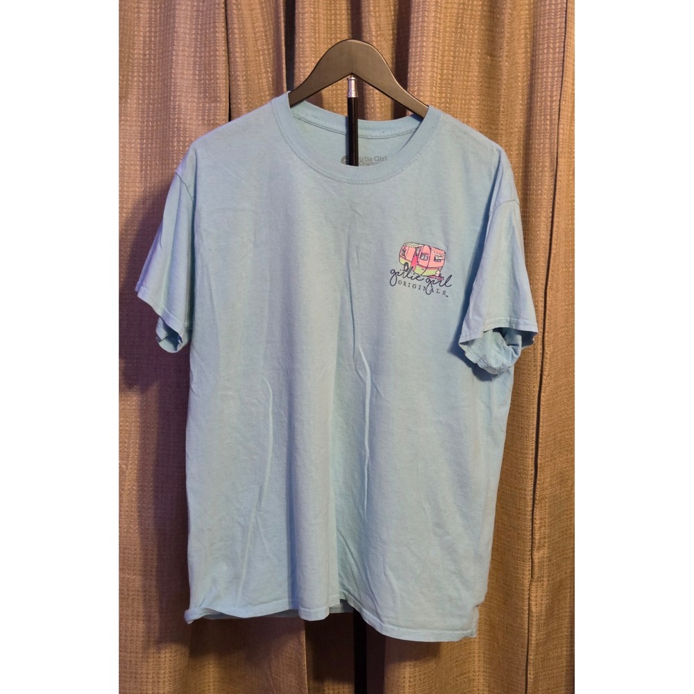 Girlie Girl Originals Happy Camper Graphic T-Shirt Women's Size Large Blue
